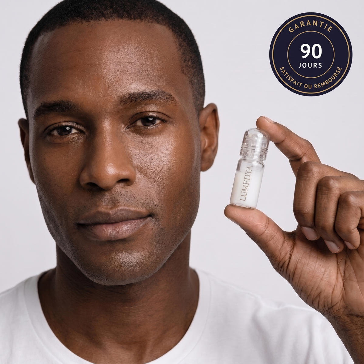 Homme tenant le flacon de micro-infusion LUMEDYA, garantie 90 jours