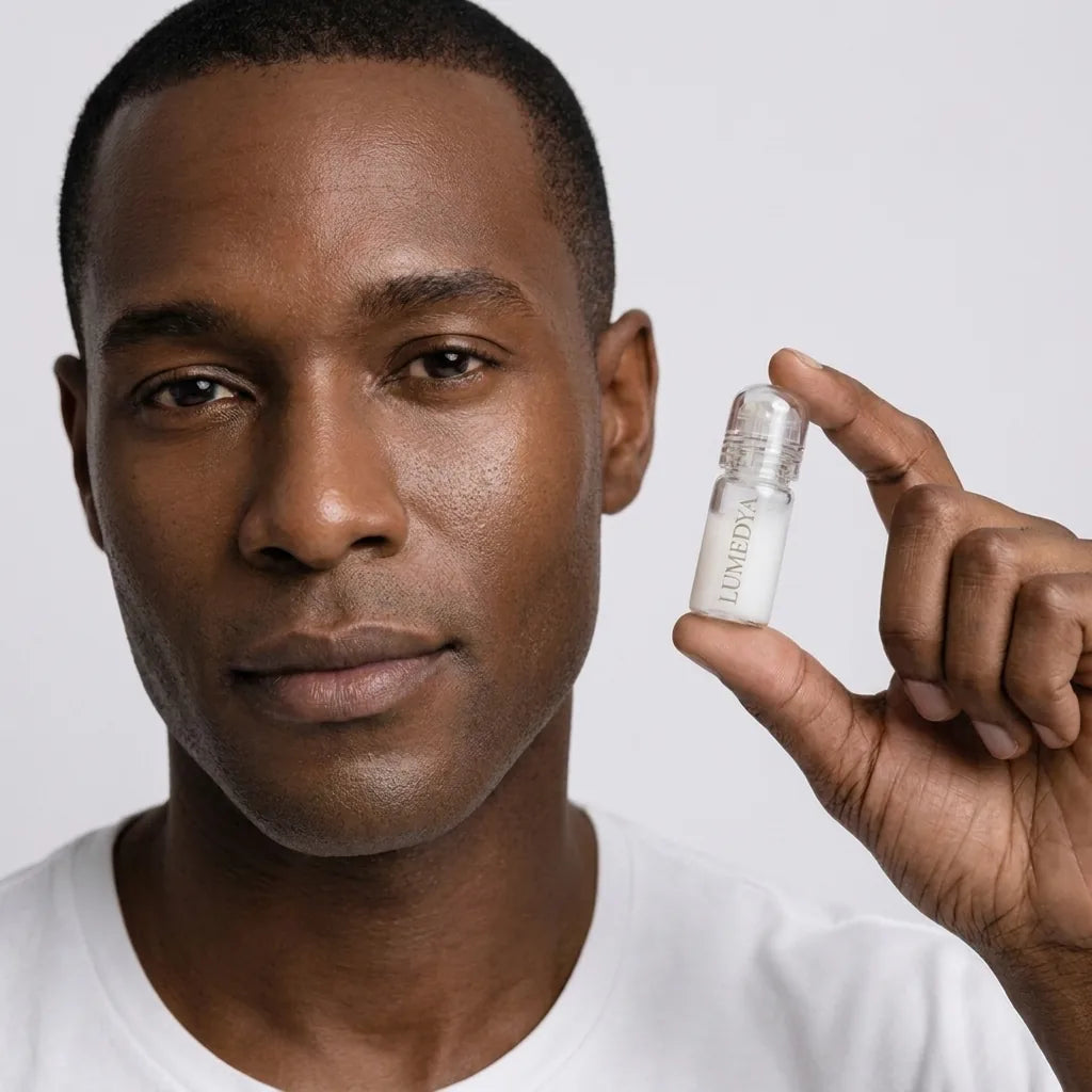 Homme tenant le flacon de micro-infusion LUMEDYA